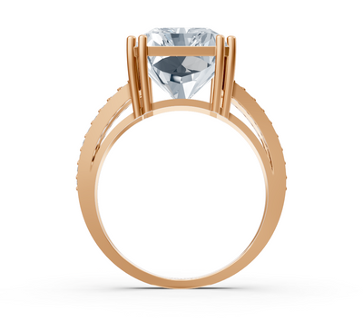 Extravagant radiant solitaire ring with pavé lab diamonds in 14K rose gold