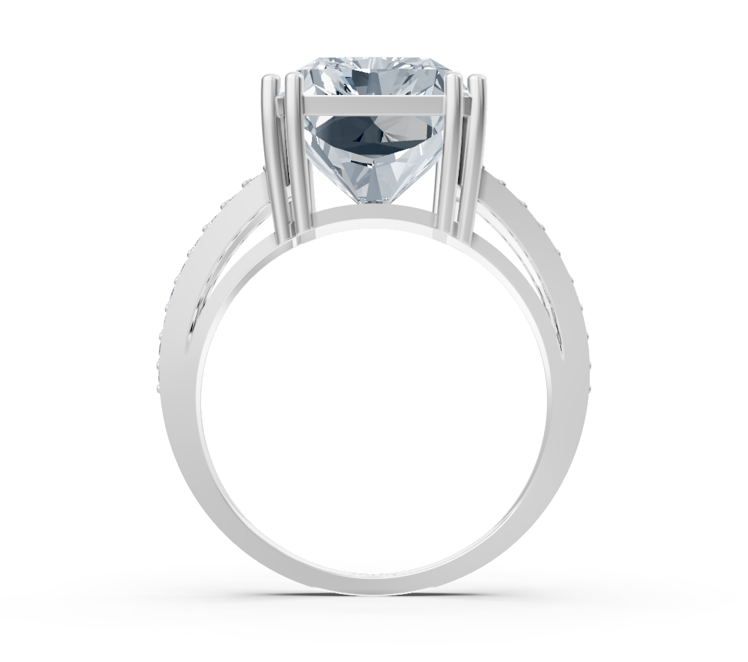 Extravagant radiant solitaire ring with pavé lab diamonds in 14K white gold