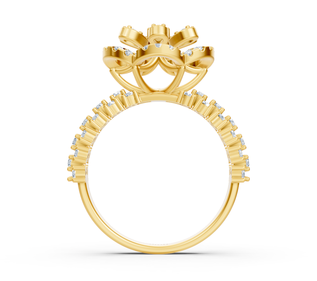 Yellow gold ring with raised center and pavé setting of lab diamonds