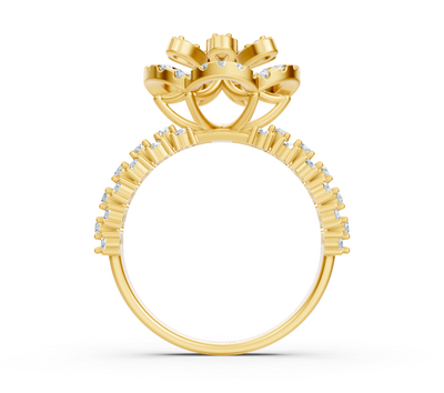 Yellow gold ring with raised center and pavé setting of lab diamonds