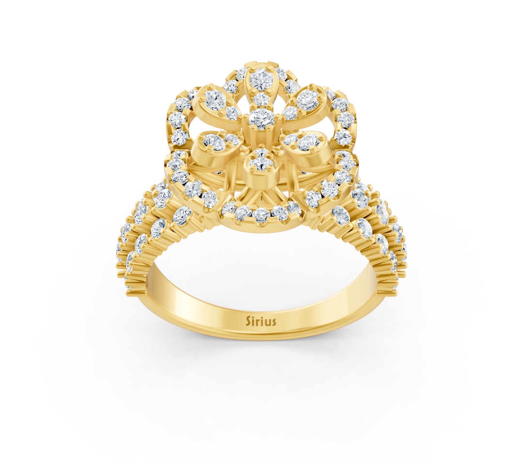 Yellow gold ring with raised center and pavé setting of lab diamonds