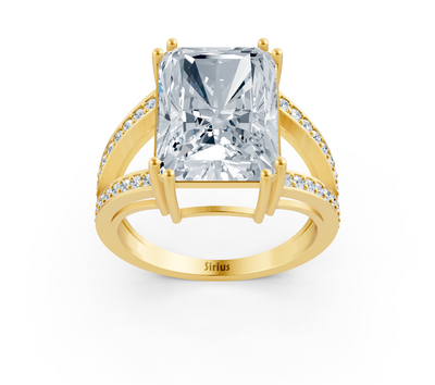 Extravagant radiant solitaire ring with pavé lab diamonds in 14K yellow gold