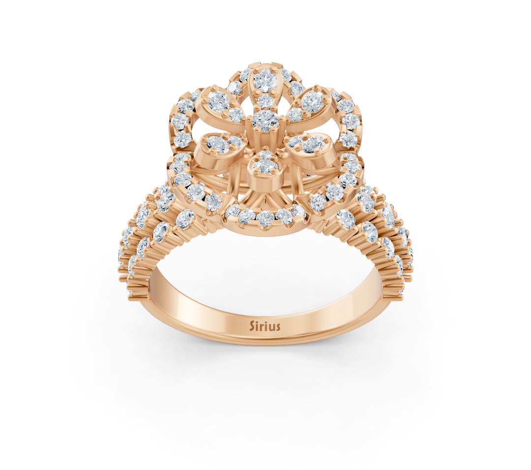 Yükseltilmiş orta kısma ve laboratuvar elmaslarından pavé işçiliğine sahip roze altın yüzük – Rosy Lab Diamonds’tan yüksek kaliteli Mücevher