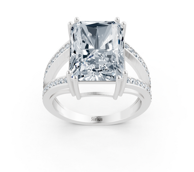 Extravagant radiant solitaire ring with pavé lab diamonds in 14K white gold