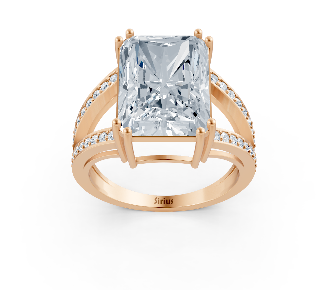 Extravagant radiant solitaire ring with pavé lab diamonds in 14K rose gold