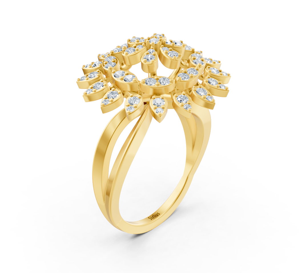 Bague en or jaune au design floral avec des diamants de laboratoire ronds – des bijoux haut de gamme de Rosy Lab Diamonds