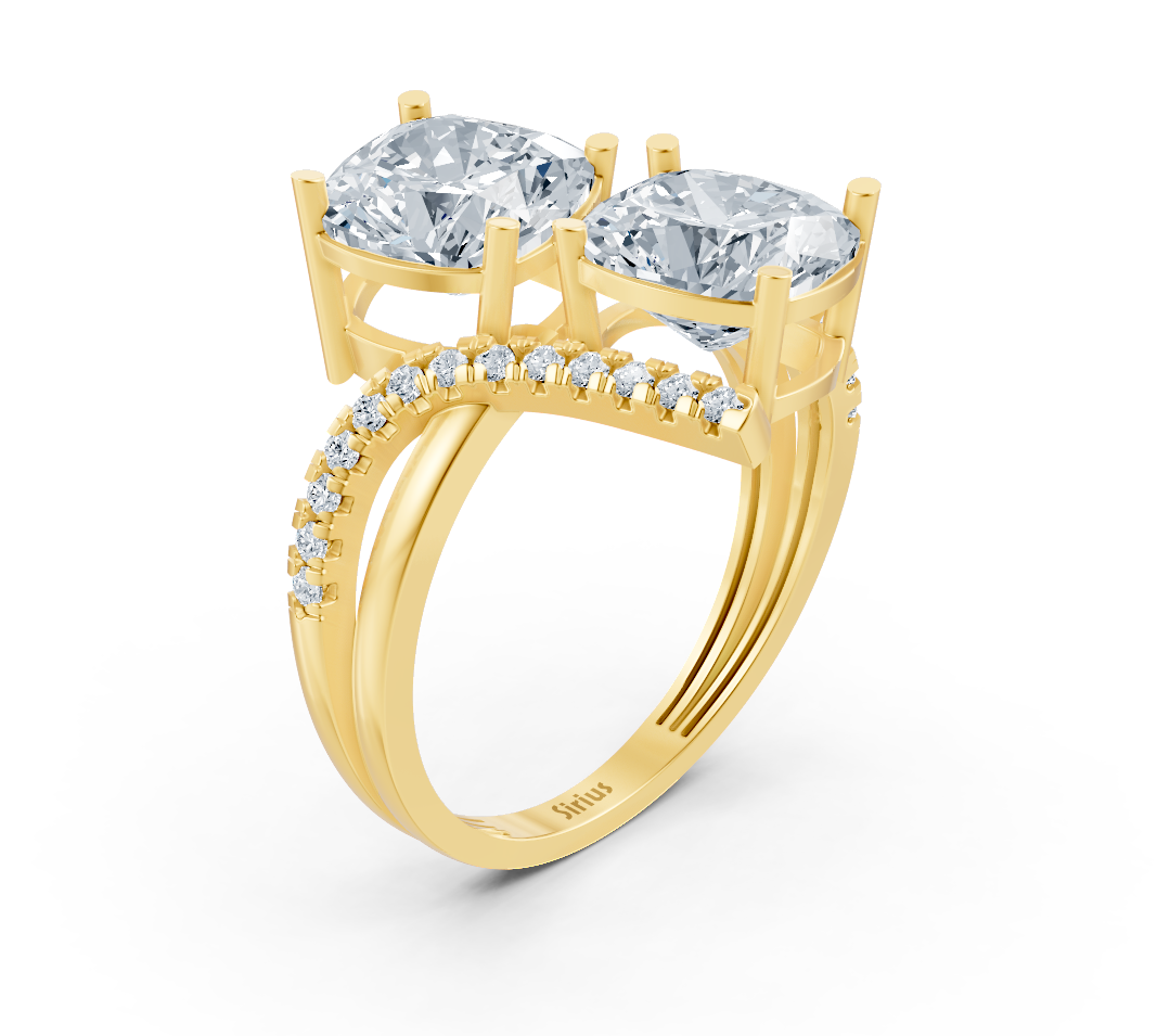 Modern two-stone ring with cushion cut and lab-grown diamonds in 14K yellow gold