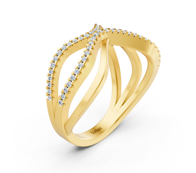 Modern yellow gold ring with crisscross design and lab diamonds