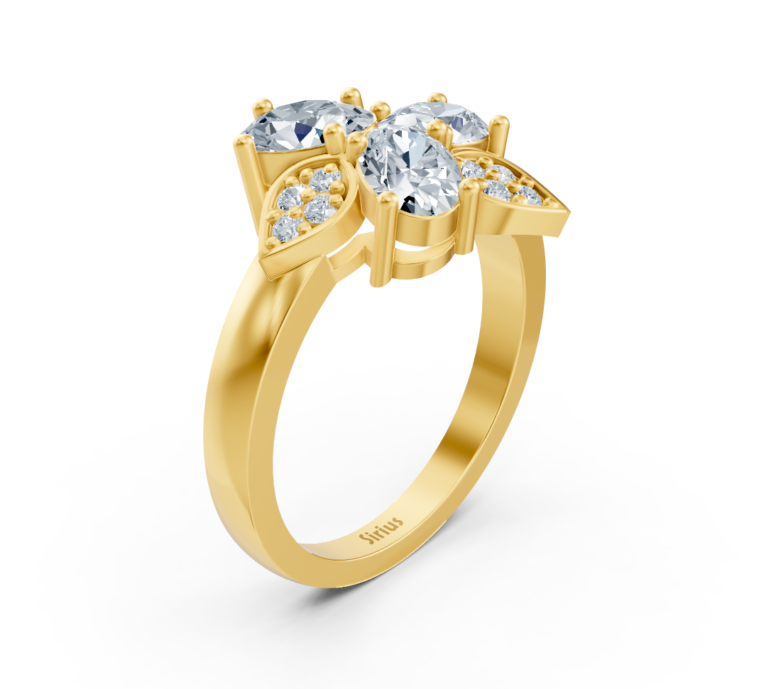 Floral tasarımlı, üç oval laboratuvar pırlantalı Sarı Altın yüzük - Rosy Lab Diamonds'tan yüksek kaliteli Mücevher