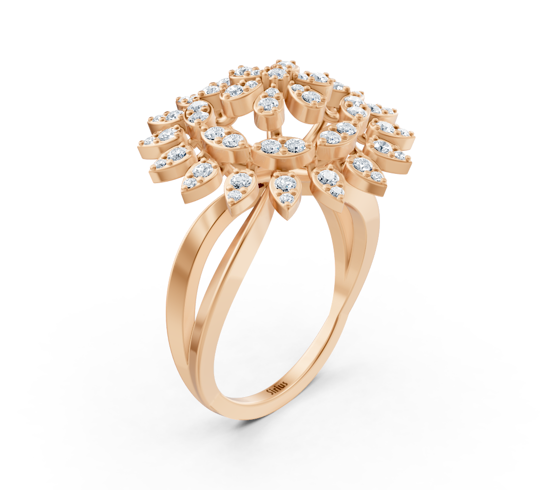 Yuvarlak laboratuvar pırlantalarıyla çiçek stilinde rose altın yüzük - Rosy Lab Diamonds'tan yüksek kaliteli Mücevher