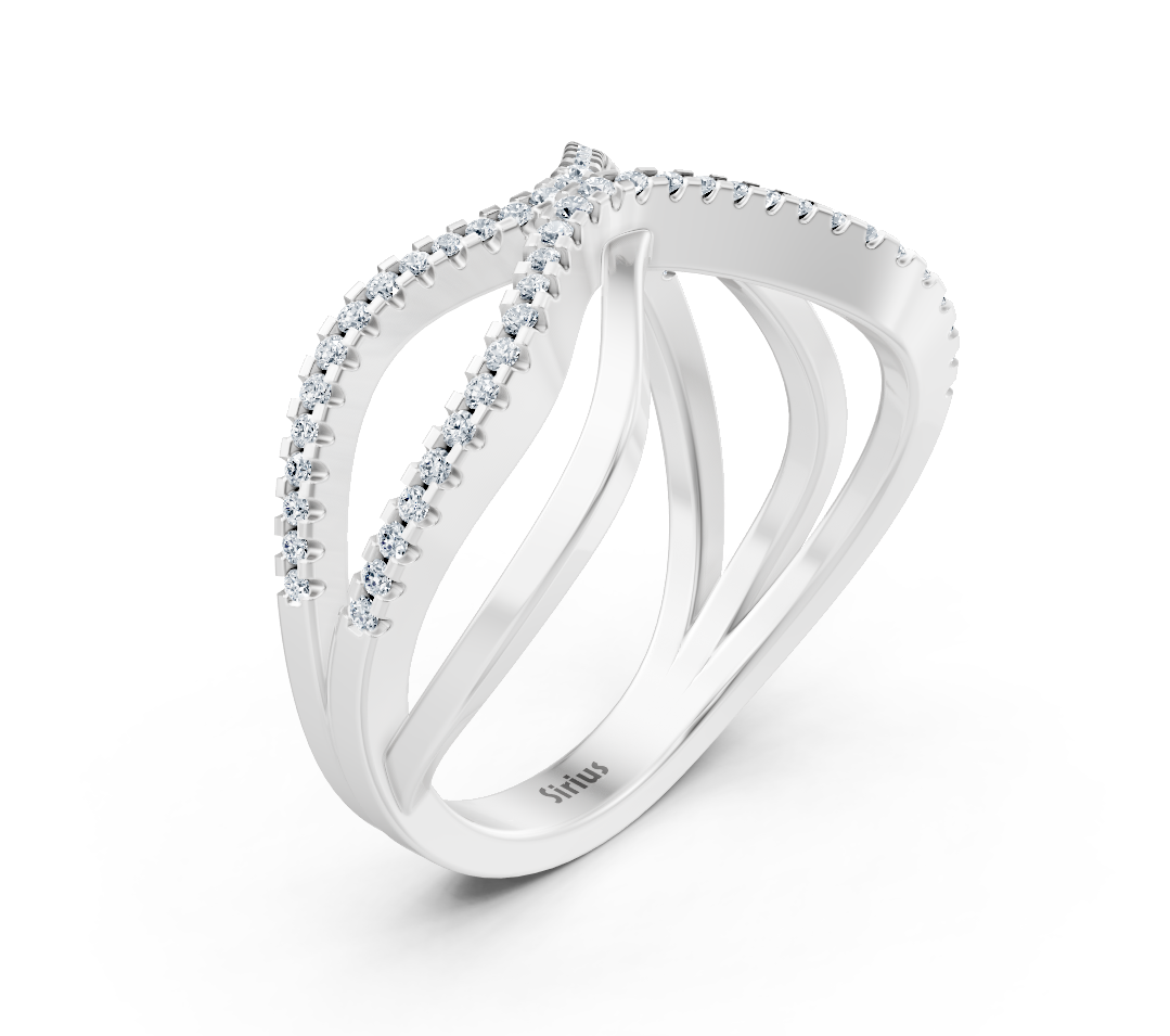 Modern white gold ring with crisscross design and lab diamonds