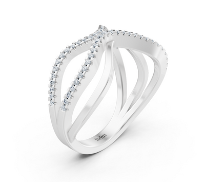 Modern white gold ring with crisscross design and lab diamonds