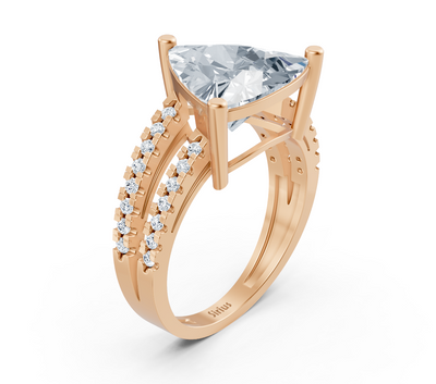 Elegant trillion solitaire ring with pavé lab diamonds in 14K rose gold