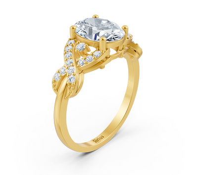 Stylish oval twisted ring with lab diamonds in 14K yellow gold
