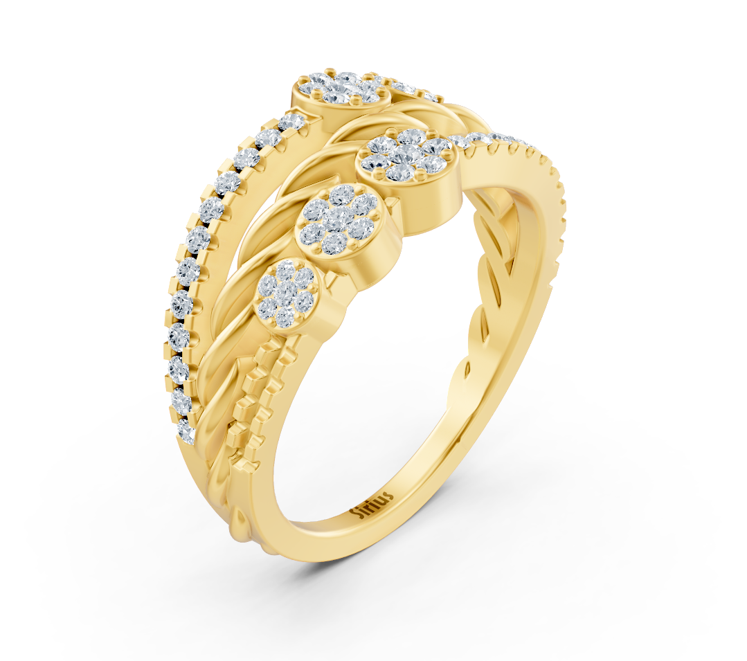 Yellow gold diamond ring with floral pattern and braid element