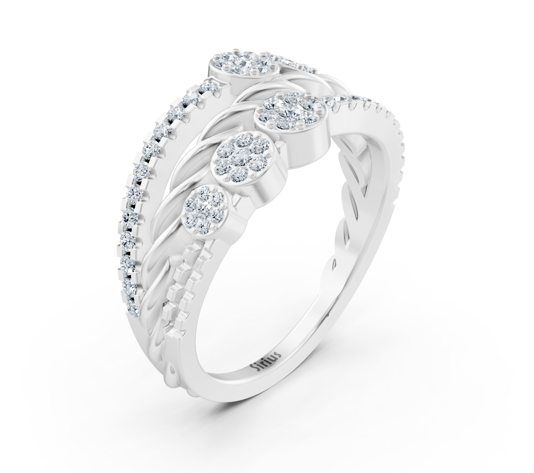 Weißgoldener Diamantring mit Blumenmuster und Zopfelement