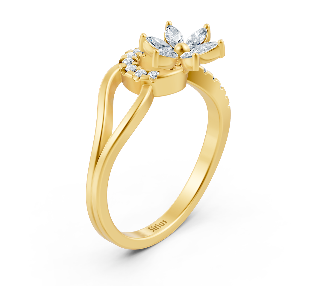 Gelbgoldener Ring mit Blumenmotiv aus Marquise- und Runddiamanten - hochwertiger Schmuck von Rosy Lab Diamonds