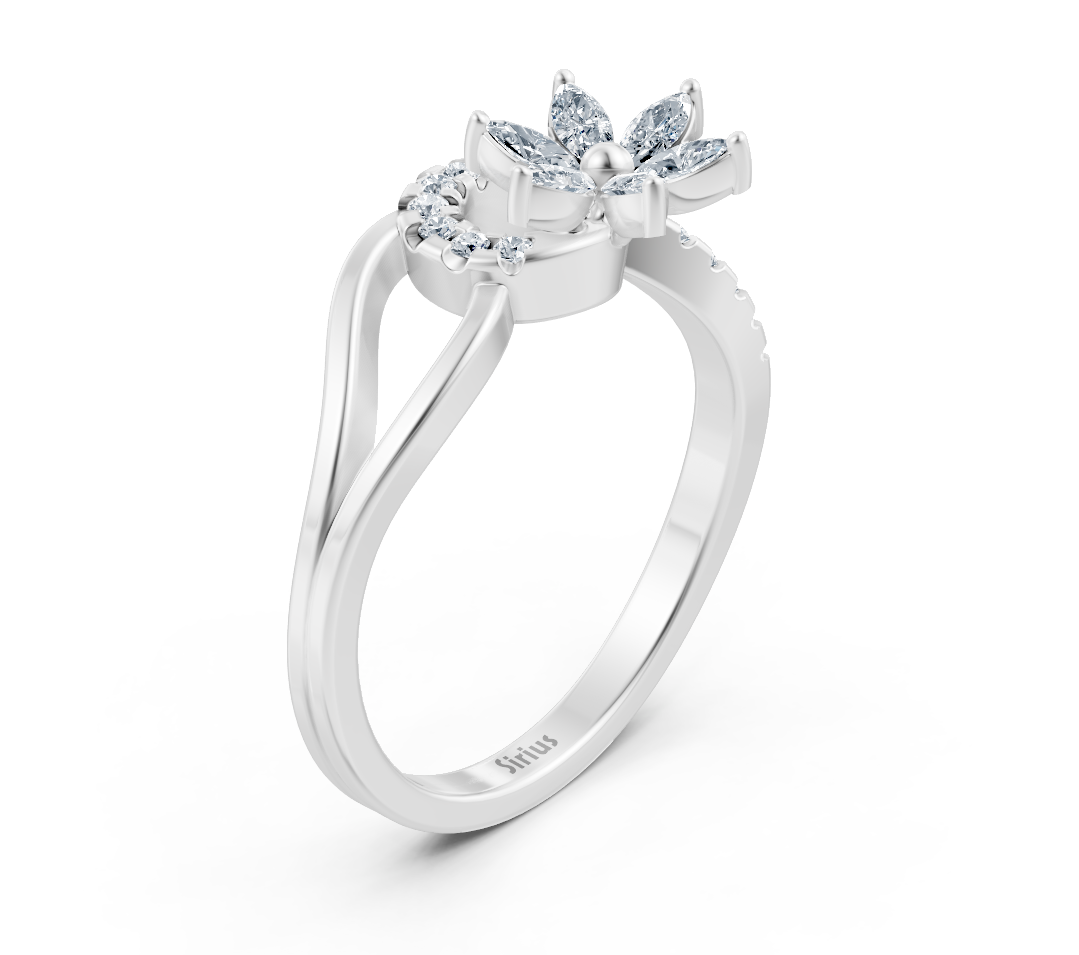 White gold ring with a floral design featuring marquise-cut and round diamonds—premium Jewelry by Rosy Lab Diamonds