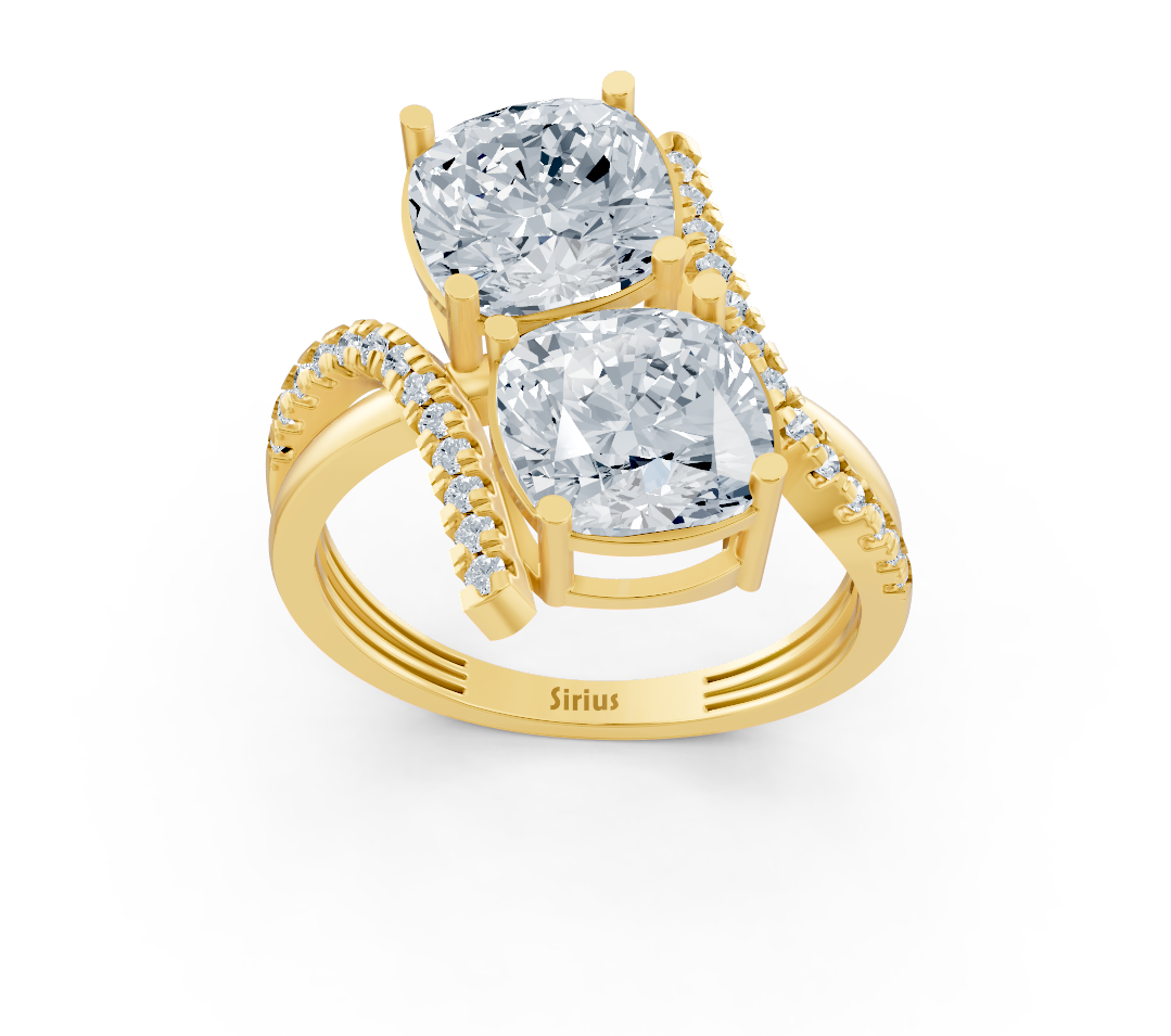 Moderner Zwei-Stein-Ring mit Cushion-Schliff und laborgezüchteten Diamanten in 14K Gelbgold - hochwertiger Schmuck von Rosy Lab Diamonds