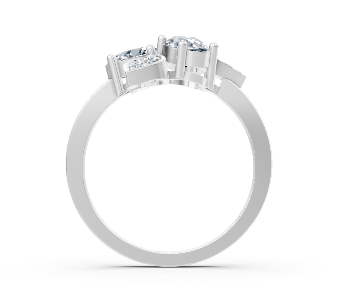 Design ring made of white gold with three oval lab diamonds and floral accent