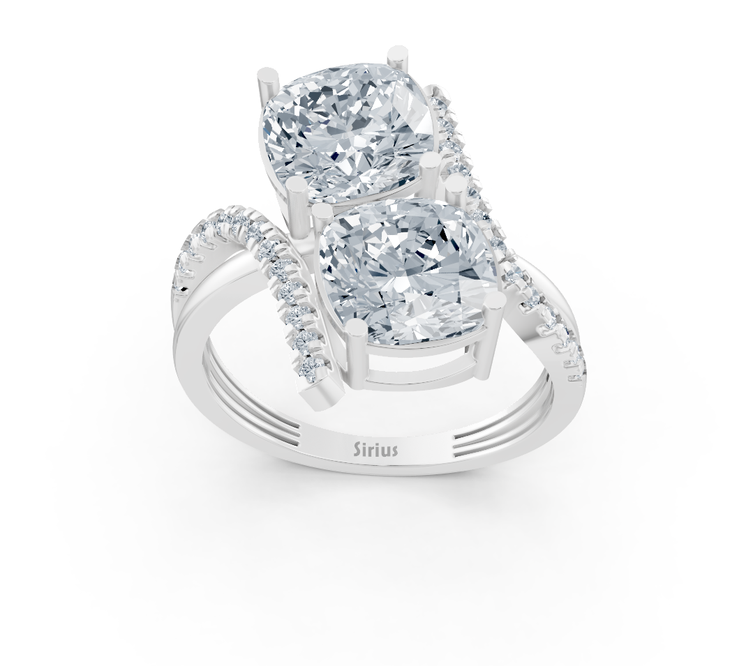 Bague moderne à deux pierres avec taille coussin et diamants synthétiques en or blanc 14K