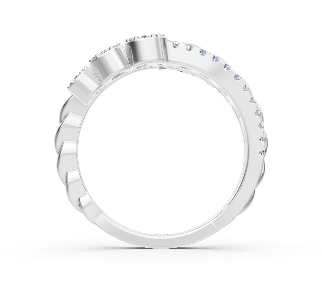 Weißgoldener Diamantring mit Blumenmuster und Zopfelement