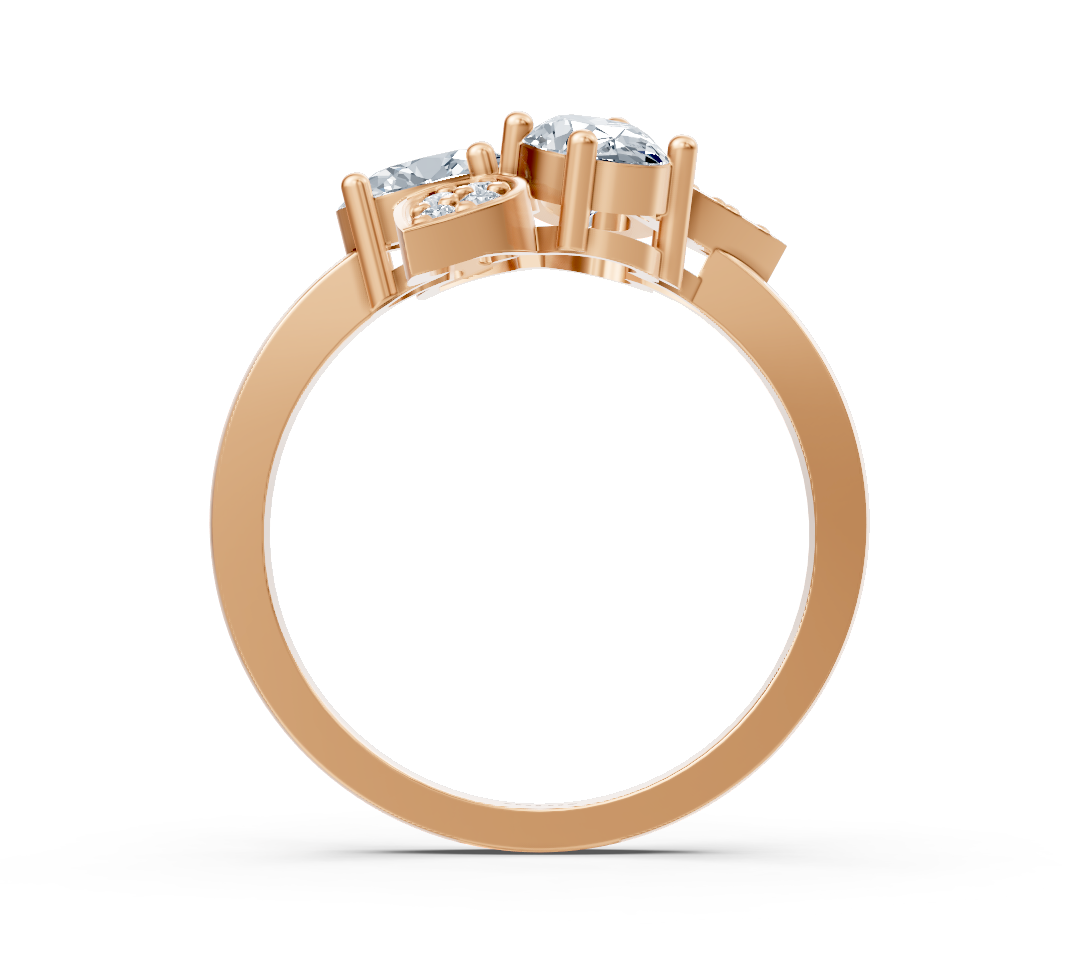 Rose gold ring with three oval lab diamonds and floral design