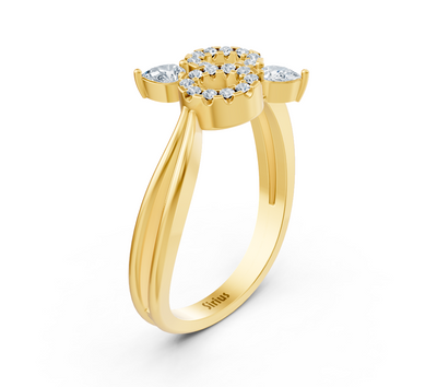 Yellow gold ring with double circle design and pear diamonds