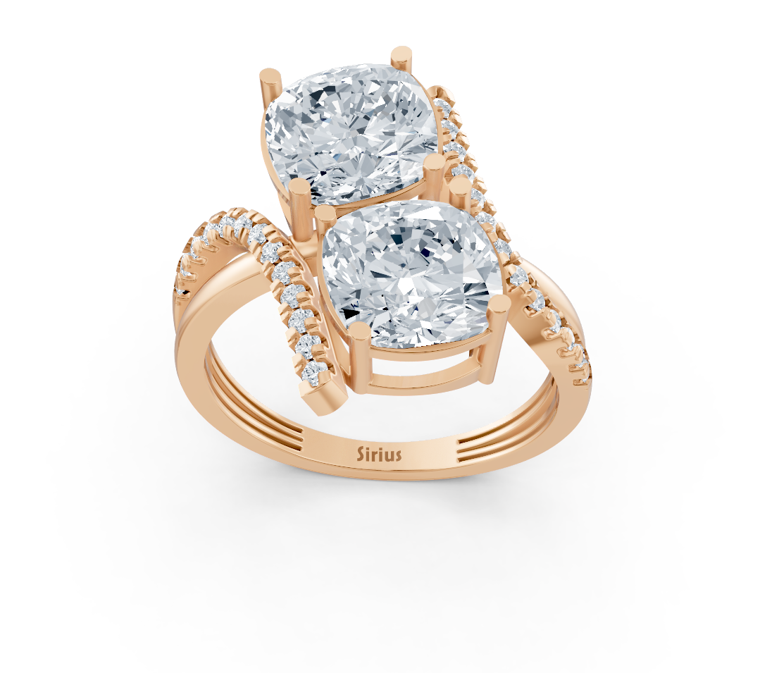 Bague moderne à deux pierres avec taille coussin et diamants de laboratoire en Or Rose 14 carats – Bijoux haut de gamme de Rosy Lab Diamonds