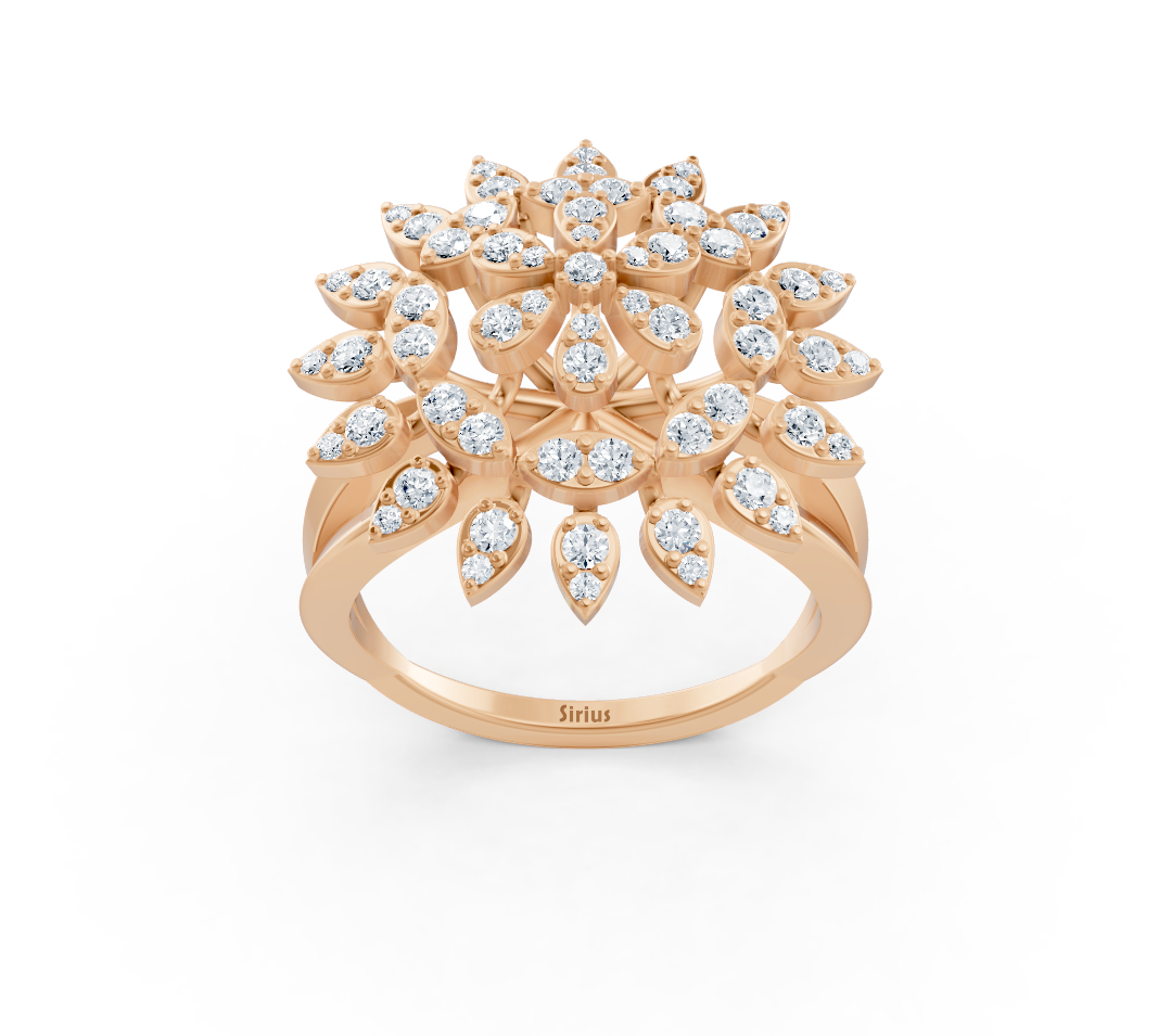 Yuvarlak laboratuvar pırlantalarıyla çiçek stilinde rose altın yüzük - Rosy Lab Diamonds'tan yüksek kaliteli Mücevher