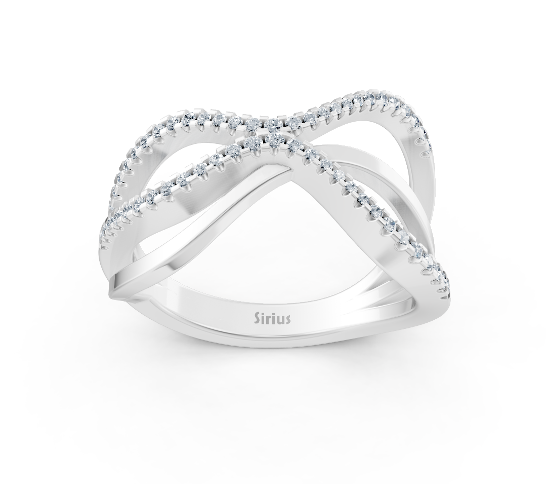 Modern white gold ring with crisscross design and lab diamonds
