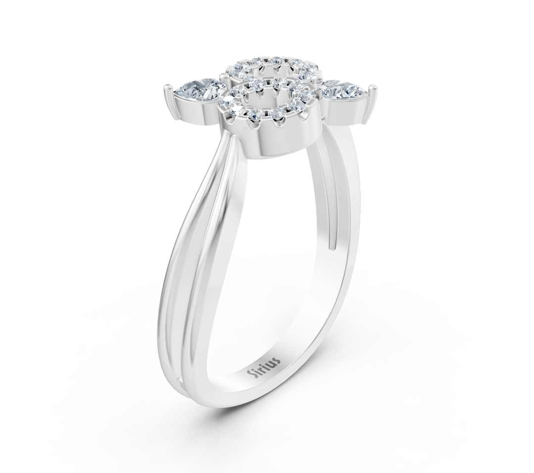 Weißgoldener Ring mit Doppelkreis-Design und Pear-Diamanten