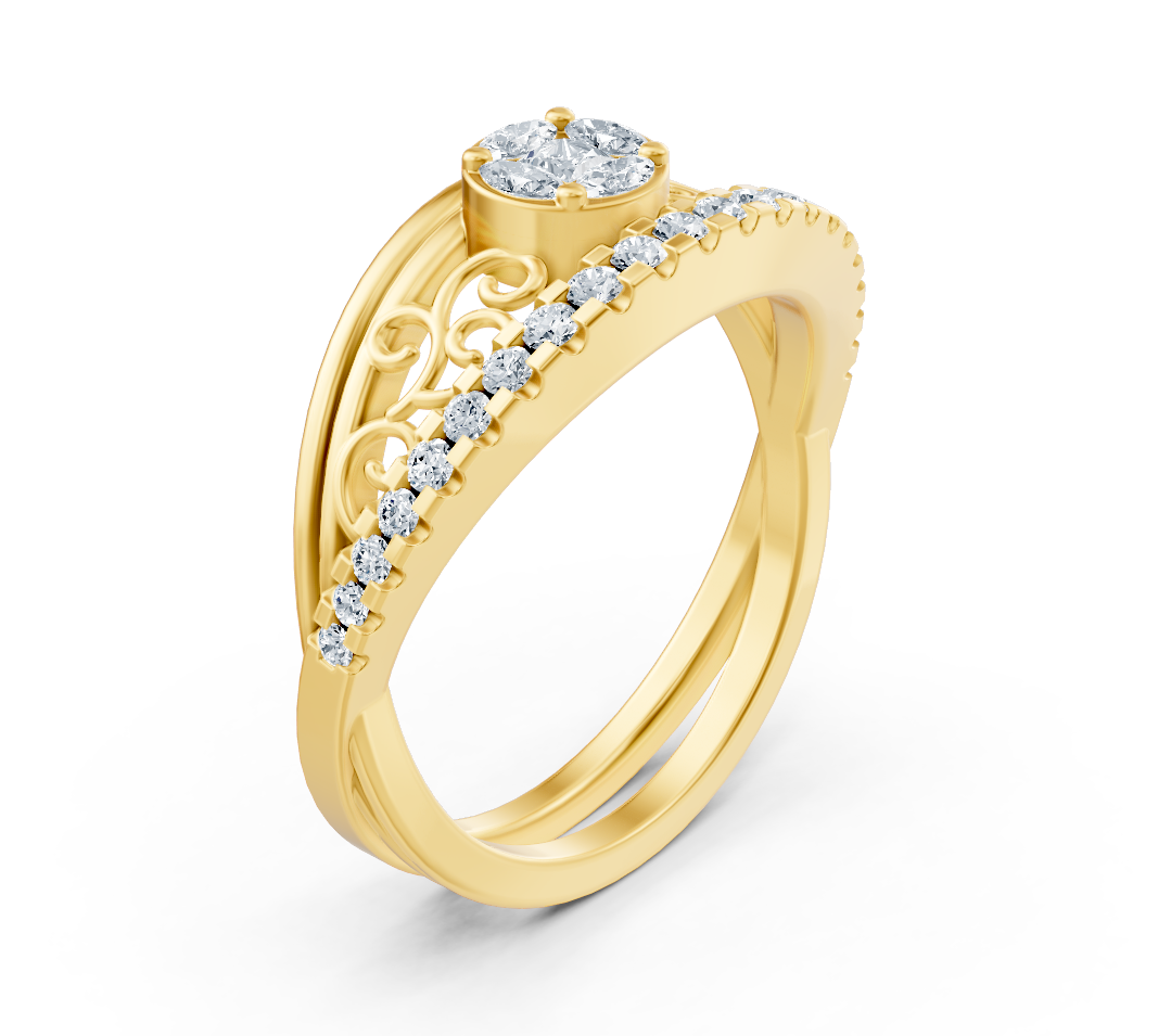 Yellow gold ring in baroque style with lab diamonds