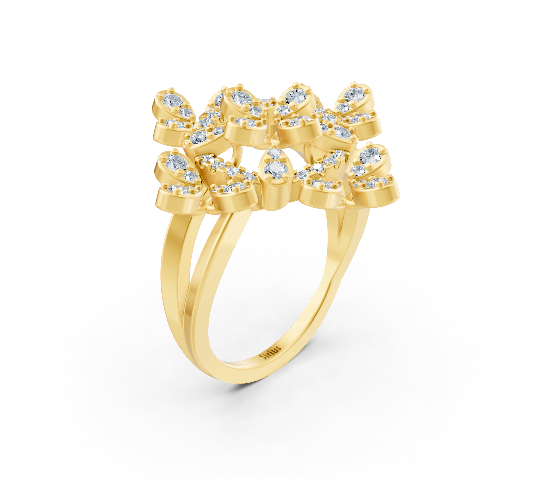 Yellow gold ring with round diamonds in textured design