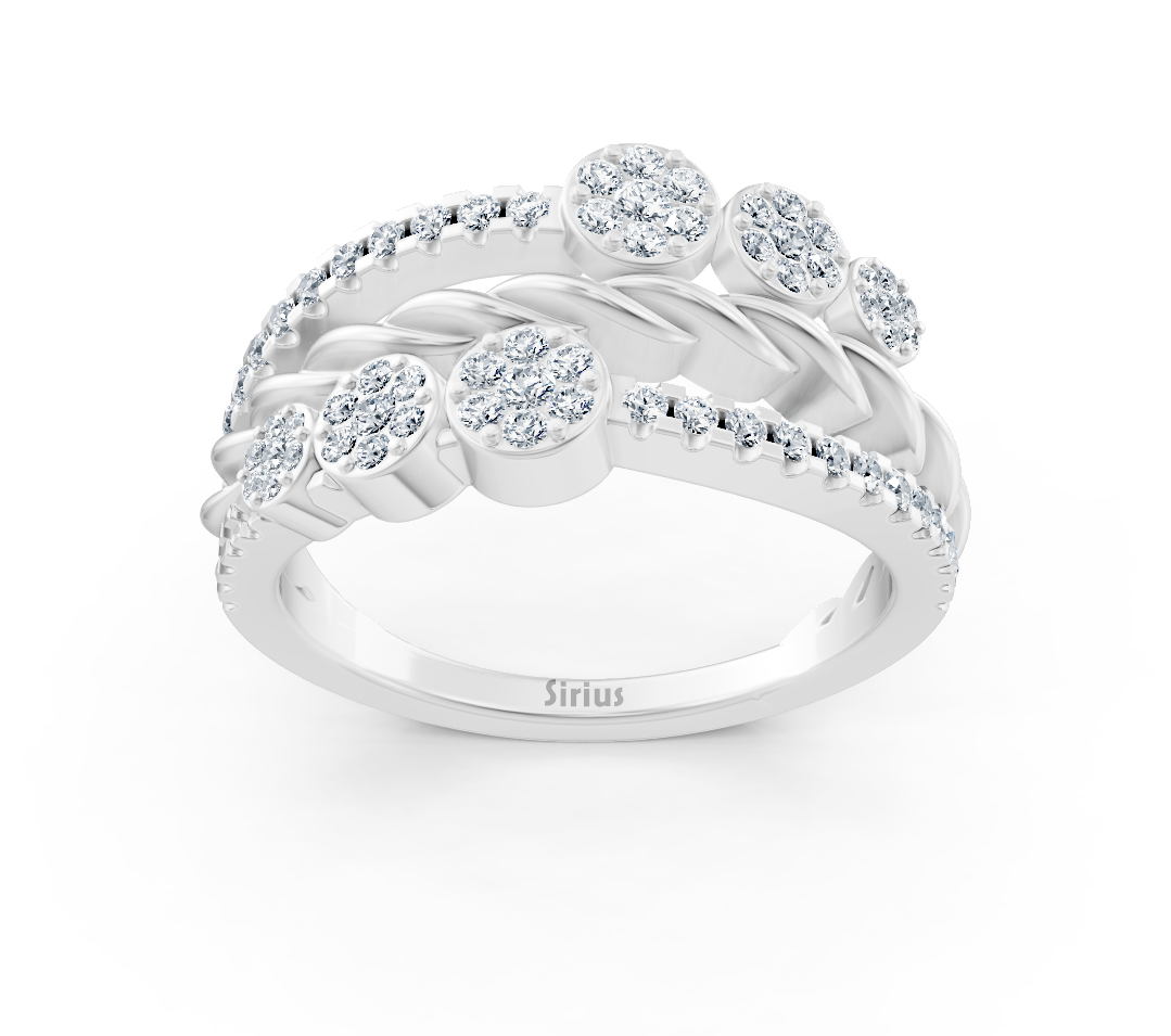 Weißgoldener Diamantring mit Blumenmuster und Zopfelement