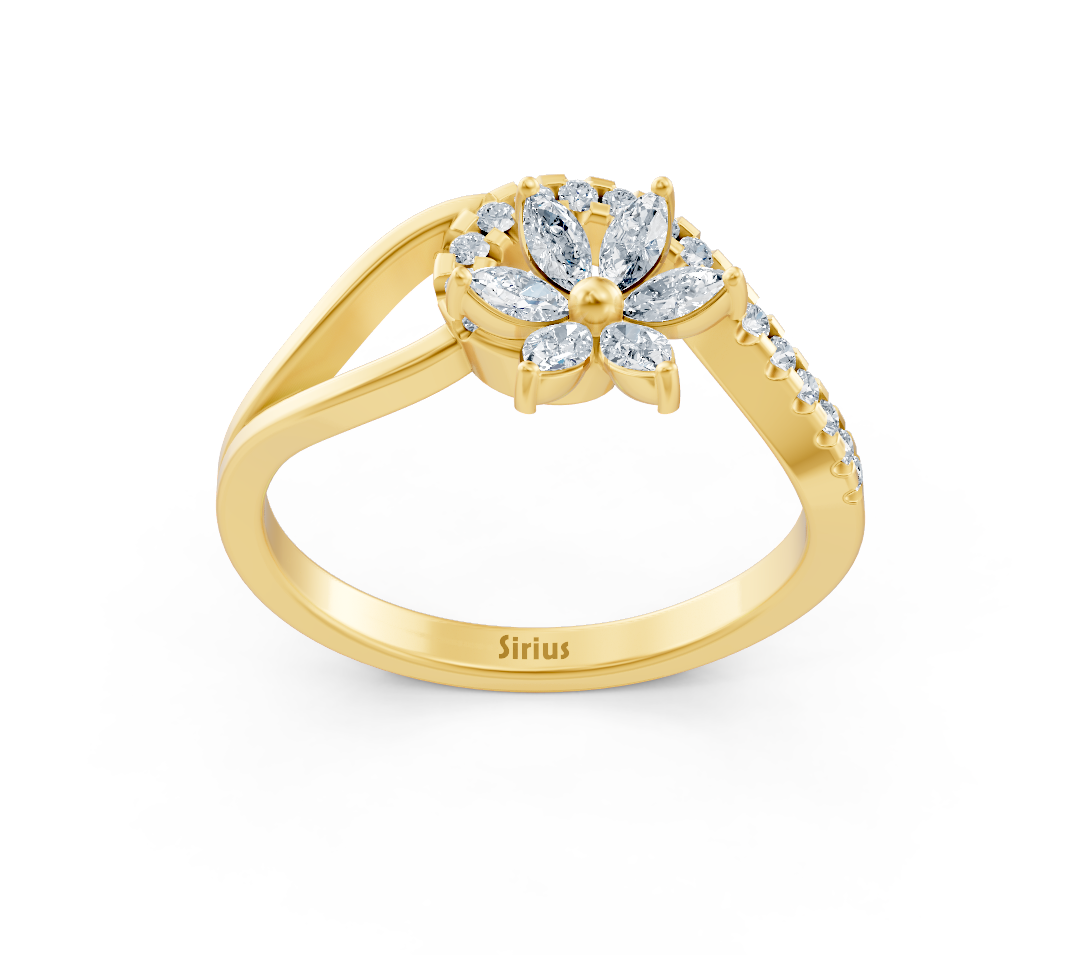 Yellow gold ring with floral motif made of marquise and round diamonds