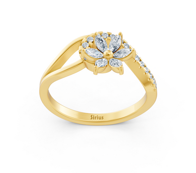 Yellow gold ring with floral motif made of marquise and round diamonds