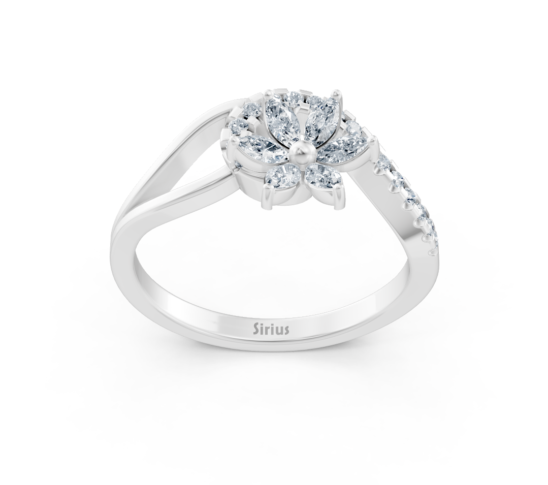White gold ring with a floral design featuring marquise-cut and round diamonds—premium Jewelry by Rosy Lab Diamonds