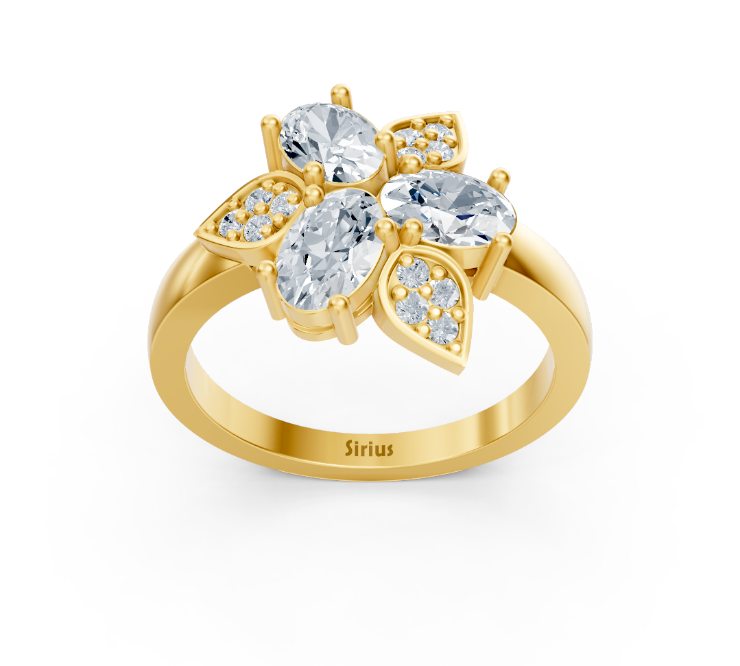 Floral tasarımlı, üç oval laboratuvar pırlantalı Sarı Altın yüzük - Rosy Lab Diamonds'tan yüksek kaliteli Mücevher