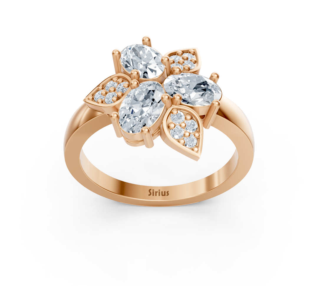 Rose gold ring with three oval lab diamonds and floral design