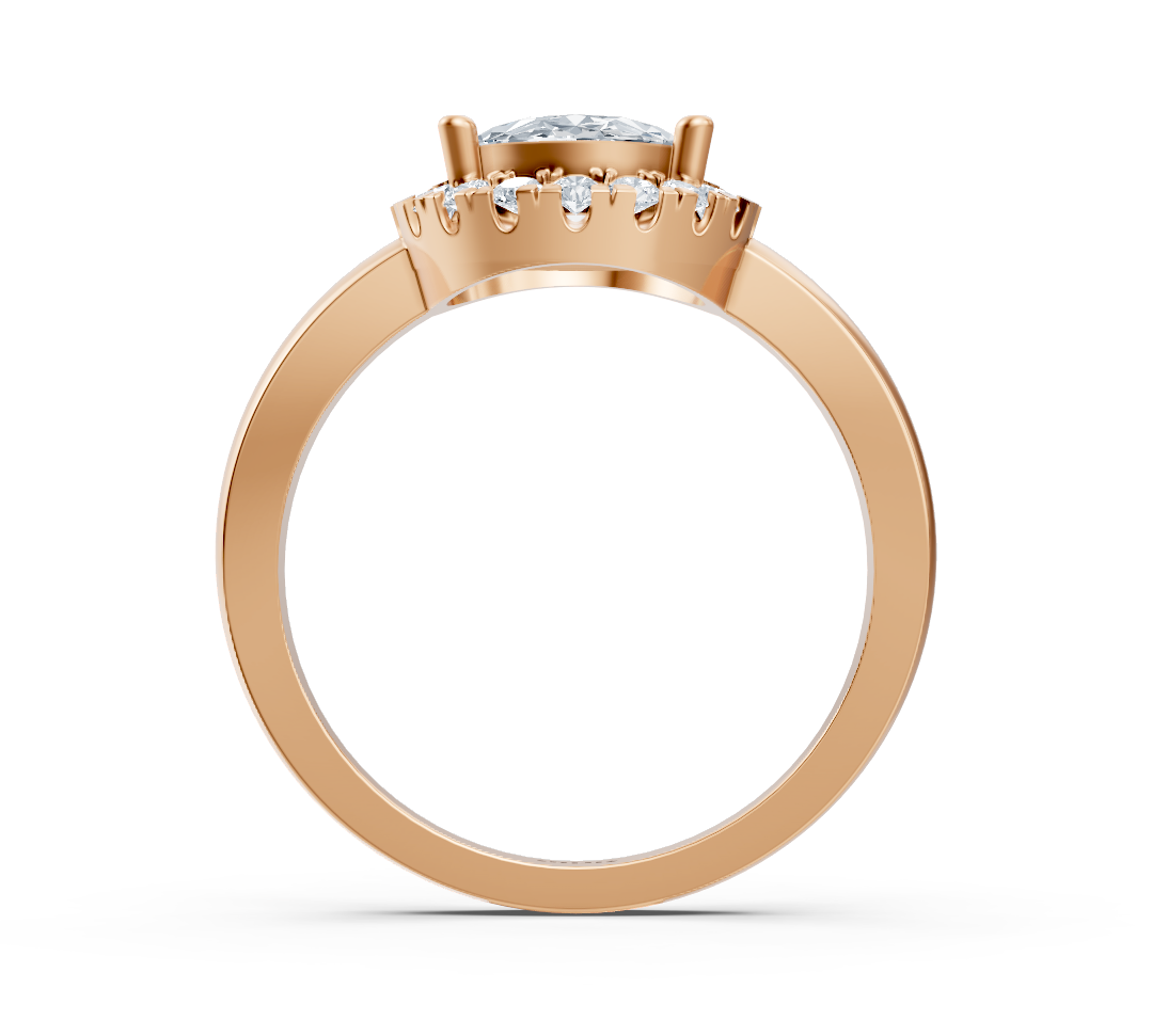 Halo engagement ring in rose gold with oval lab diamond and round diamond halo