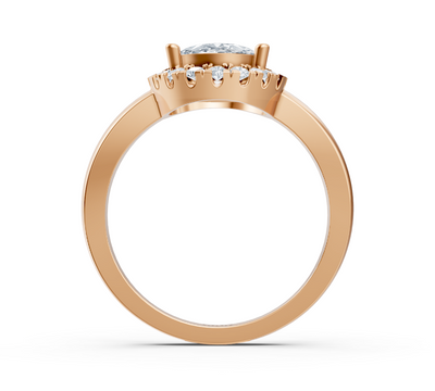 Halo engagement ring in rose gold with oval lab diamond and round diamond halo