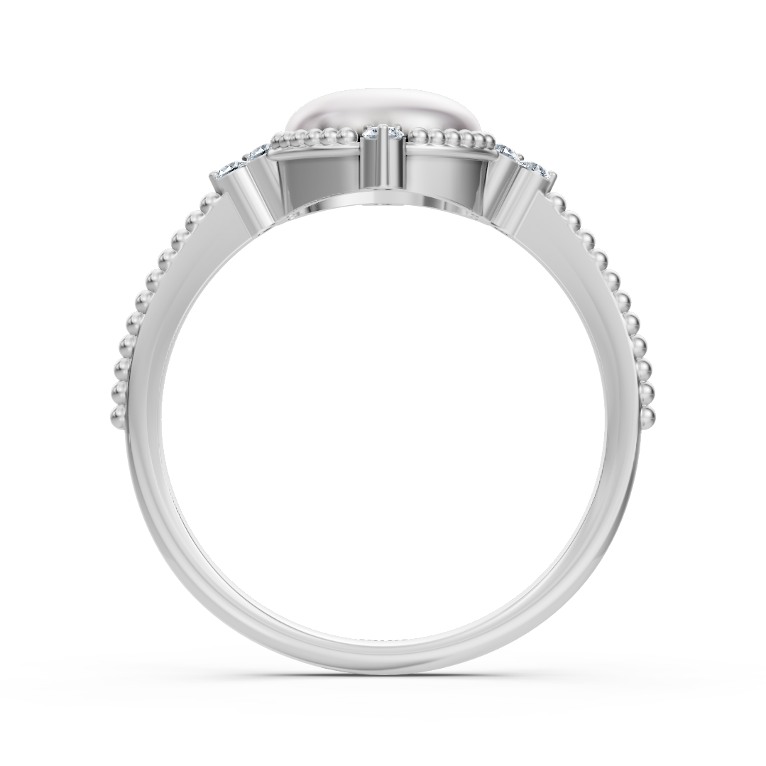 Elegant cabochon pearl ring with diamonds in 14K white gold – 77R0249