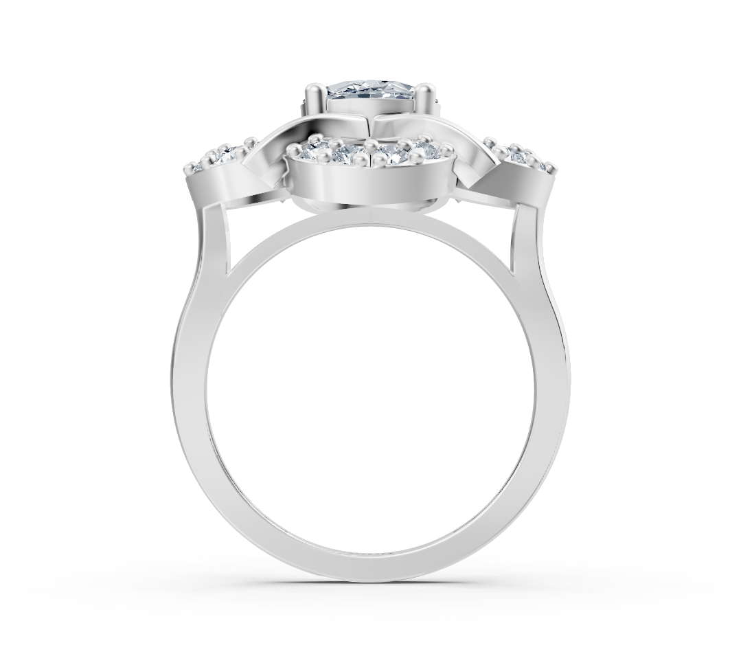 Elegant flower ring made of white gold with oval labradorite diamond