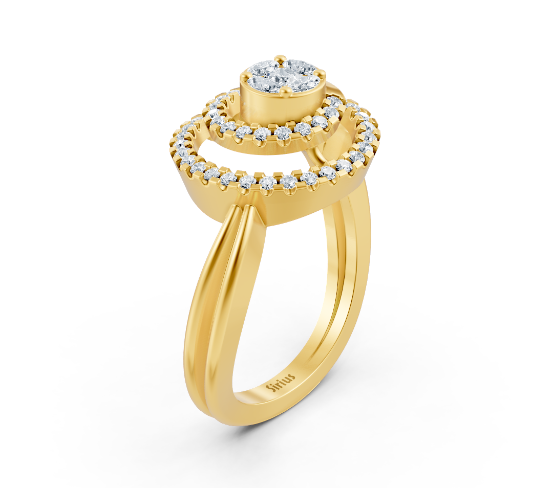 Yellow gold ring with halo design and marquise, princess, and round diamonds