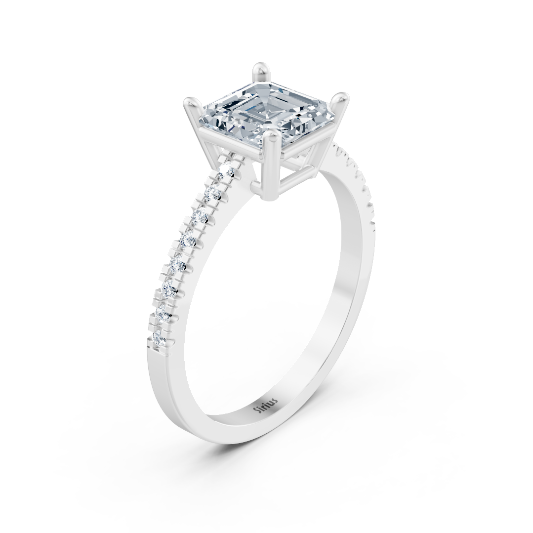 Bague de fiançailles avec Diamant de laboratoire taille émeraude et anneau pavé en Or Blanc - 77R0255 - Bijoux haut de gamme de Rosy Lab Diamonds