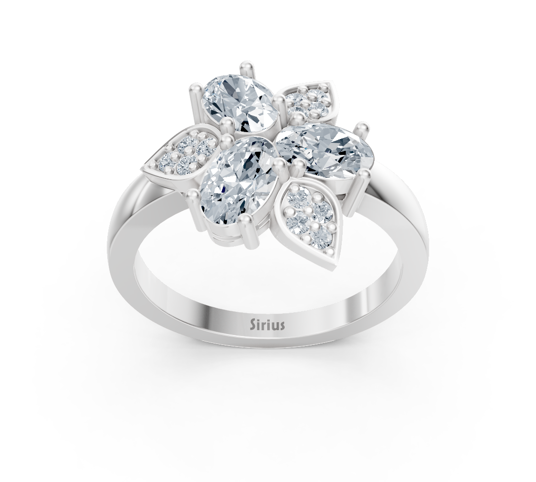 Design ring made of white gold with three oval lab diamonds and floral accent