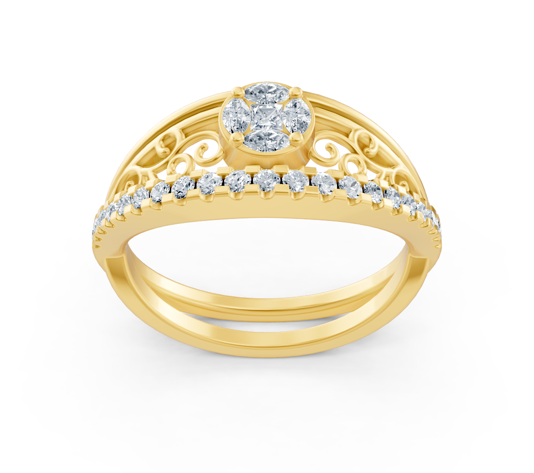 Yellow gold ring in baroque style with lab diamonds