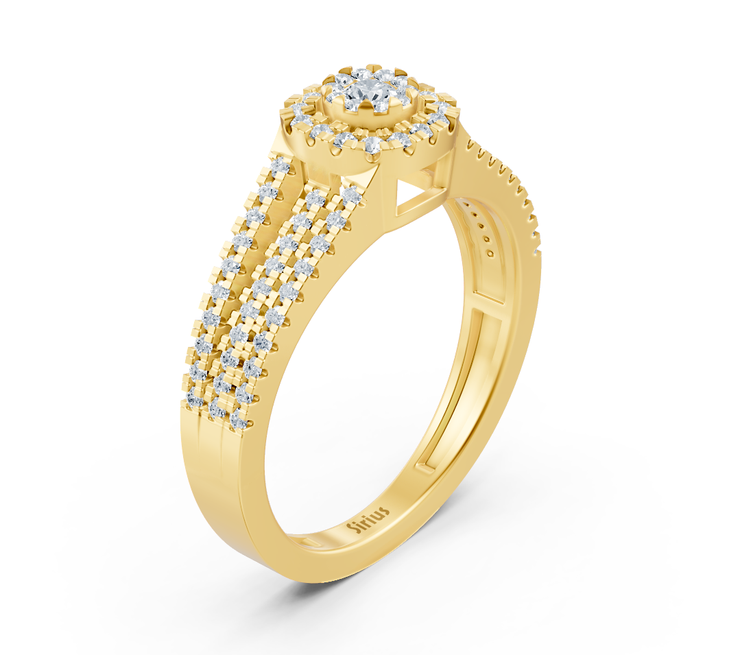Yellow gold ring with diamond halo