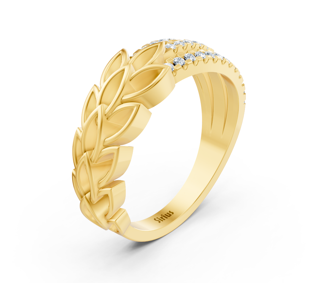 Yellow gold leaf pattern ring with lab-grown diamonds
